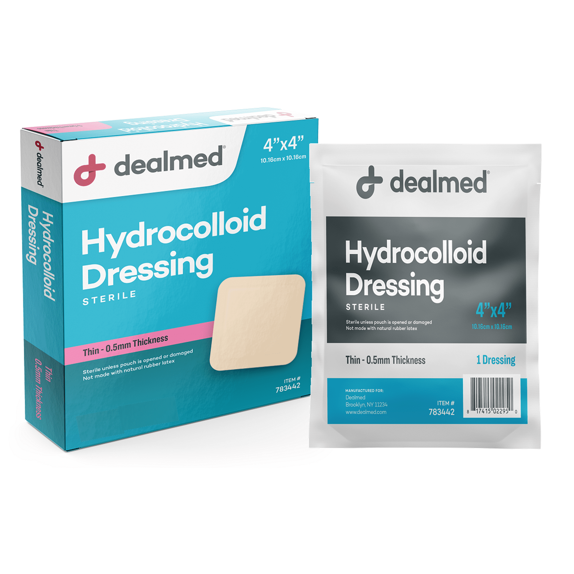 Dealmed 4" x 4" Hydrocolloid Dressing, Thin .5mm | Sterile Individually Packed Dressings | Provide Moist Wound Healing Environment (Thin, Box of 10)