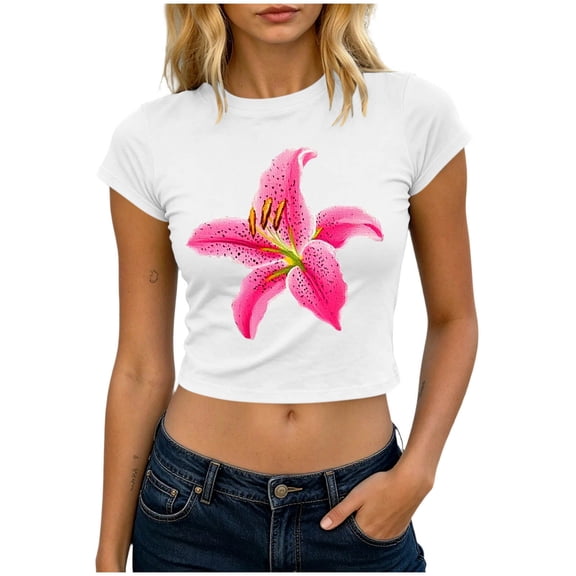 Perfectbot Women’s Floral Print Cropped T-Shirt, Short Sleeve Lily Graphic Baby Tee, Casual Summer Top