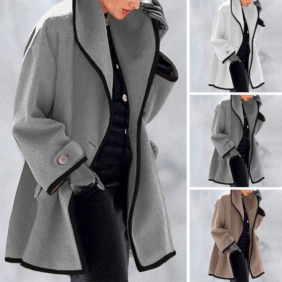 Joernso Women Fall Winter Jacket Loose Color Matching Lapel Long Sleeve Contrast Color Mid Length Pockets Cardigan Thick Warm Lady Streetwear Coat
