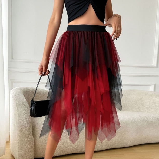 TaTaai Women Casual High Waist Gradient Multi-Layer Tulle Asymmetrical Midi Skirt Ladies Spring Summer Outdoor Wear Lightweight Breathable Soft Stylish Skirt Gift