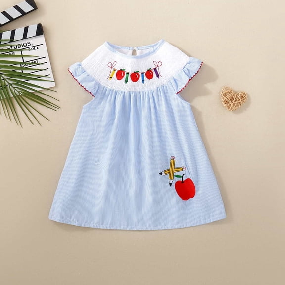 Trendfront Girls School Supplies Dress Crewneck Short Sleeve Smocked Dress Apple Pencil Embroidery Back To School Classroom Outfit Casual