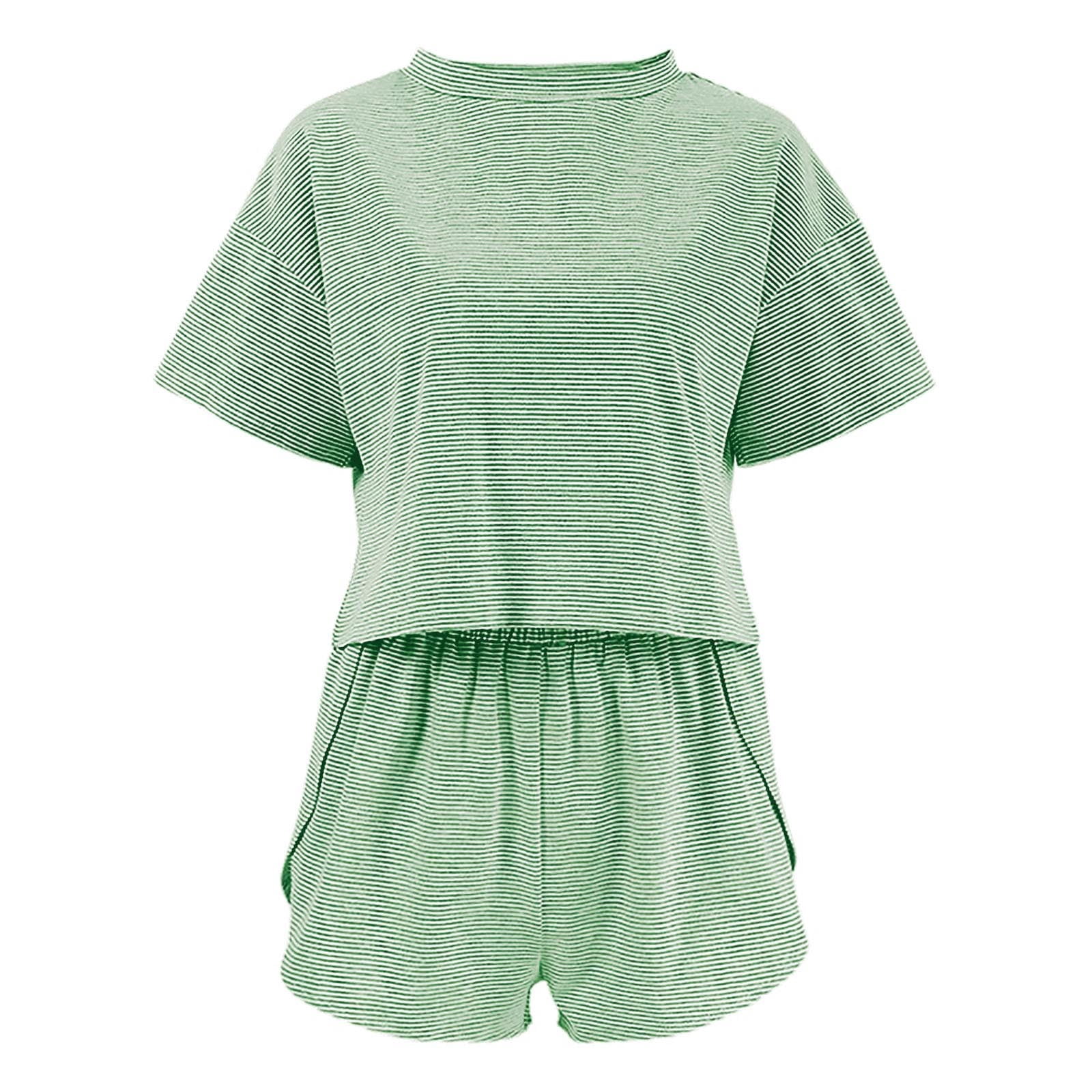 Split Short Pajama Set, Sereluxe Pajama Set, Women's Striped Pajama Shorts Set - Loose Short Sleeve LoungeWear & Home Outfit,Size M
