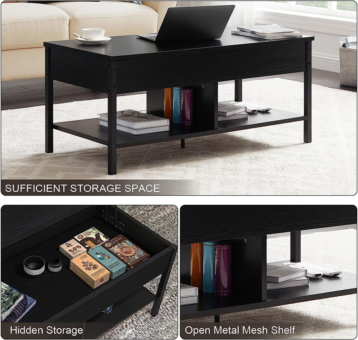Kadyn Modern Rectangle Lift Top Coffee Table, Sofa Center Table with Lower Shelf, 41.7" Coffee Table for Living Room, Black