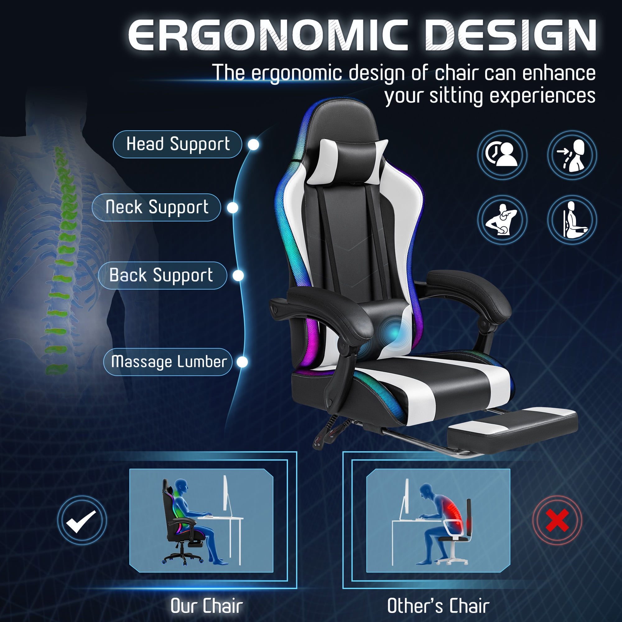 Homall RGB Gaming Chair with APP & Remote Control, LED Lights Ergonomic Computer Chair with Footrest & Massage Lumbar Support, White