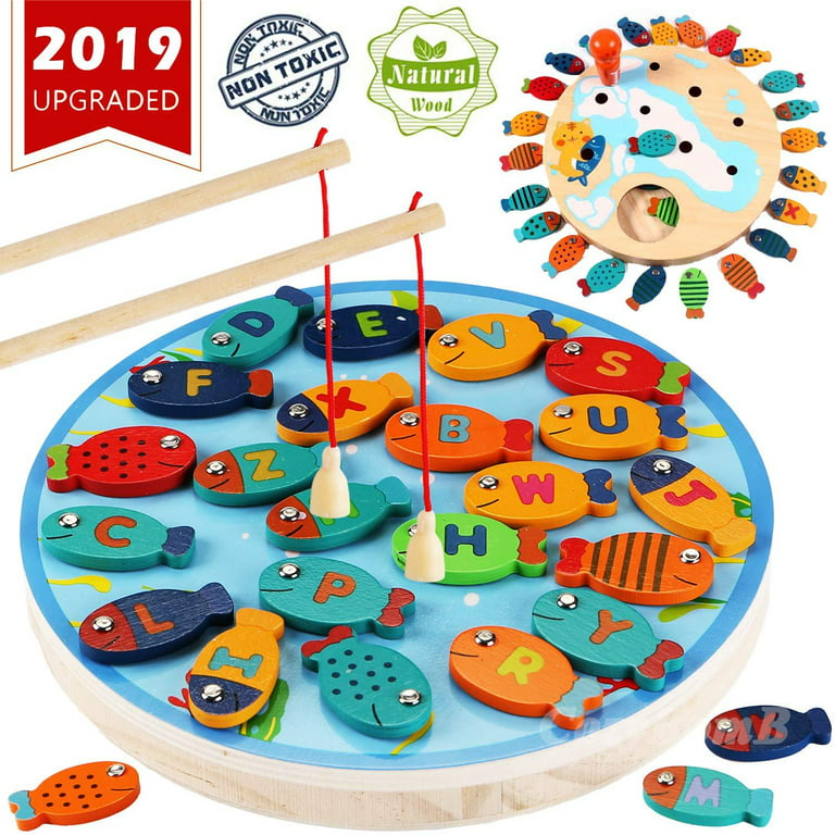 CozyBomB Magnetic Wooden Fishing Game Toy for Toddlers - Alphabet Fish  Catching Counting Preschool Board Games Toys for 2 3 4 Year Old Girl Boy  Kids