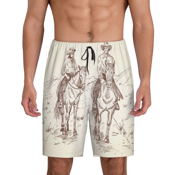 Balery Cowboys Riding Horses In Desert Pantalones cortos de pijama de punto de algodón para hombre con cinturilla y bolsillos-XX-Large