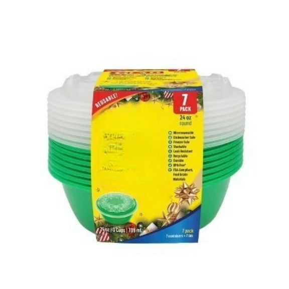 Glad Take-Aways Food Storage Containers, Holiday Wreath, Round - Green - 24oz - 7sets/14pcs