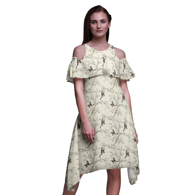 Bimba Robe Midi à Manches Flottantes Imprimé Oiseau Blanc Épaules Dénudées Femme - X-Small