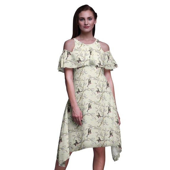 Bimba Bird Print Flutter Sleeve Women’s Party Tunic Cold Shoulder Midi Dress-Large