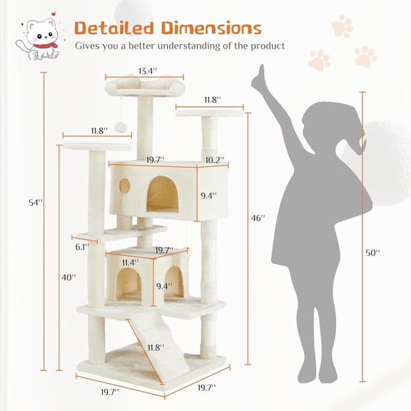 54 Inches  Tower Condo Furniture,  Tree Tower for Indoor Cats, Cozy Hammock and Sisal Scratching Posts, Multi-Level   Scratch Post for Kittens Pet House , Detachable, Beige