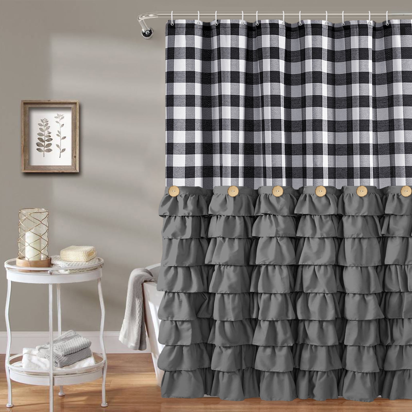 Farmhouse Shower Curtain Black and White Buffalo Plaid Pattern Fabric with Buttons & Gray Ruffles 72"x72"