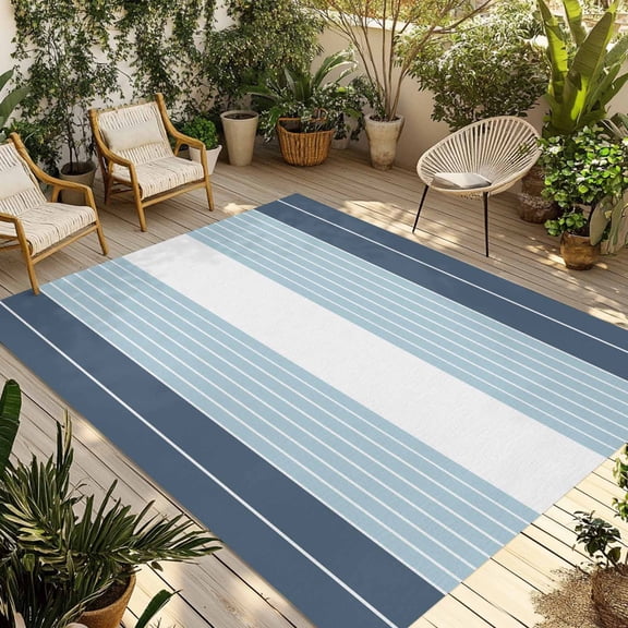 Haze Blue Aqua Stripe Outdoor Rug 4x6 Ft - Reversible Patio Rug Outdoor Camping Rugs, Modern Art Horizontal Striped Washable Indoor Outdoor Area Rugs, Non-Slip Outdoor Carpet Runner for Deck/Porch