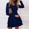 thumbnail image 2 of Pompotops Robe Mode Femme Couleur Unie Sexy Col en V à Volants Manches Longues, 2 of 4