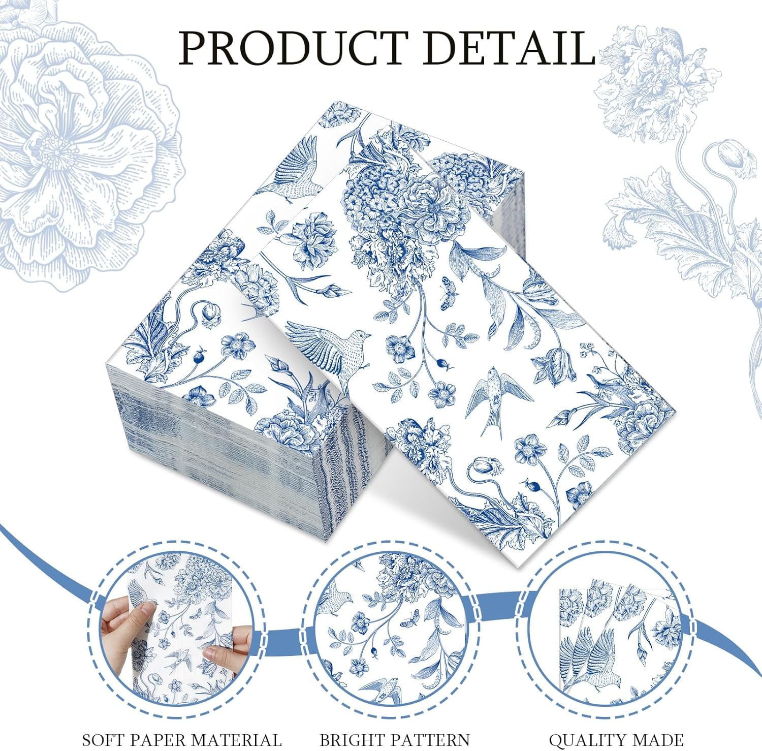 200 Pcs Blue Floral Paper Napkins Disposable Hand Towels for Bathroom Guest Decorative Napkins Paper for Bathroom Shower Toilet Powder Room Holiday Wedding Bridal Tea Party