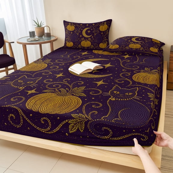 Queen Size Fitted Sheet Set - Fall Pumpkins 3 Piece Bedding Sets 16" Deep Pocket Fitted Sheet with 2 Pillowcases, Halloween Rustic Night Moon Cats Purple Brushed Microfiber Hotel Luxury Bed Sheets