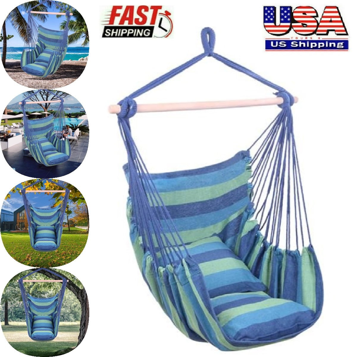 Hammock Hanging Rope Chair Swing Seat Patio Camping /w 2 Pillows Blue US 