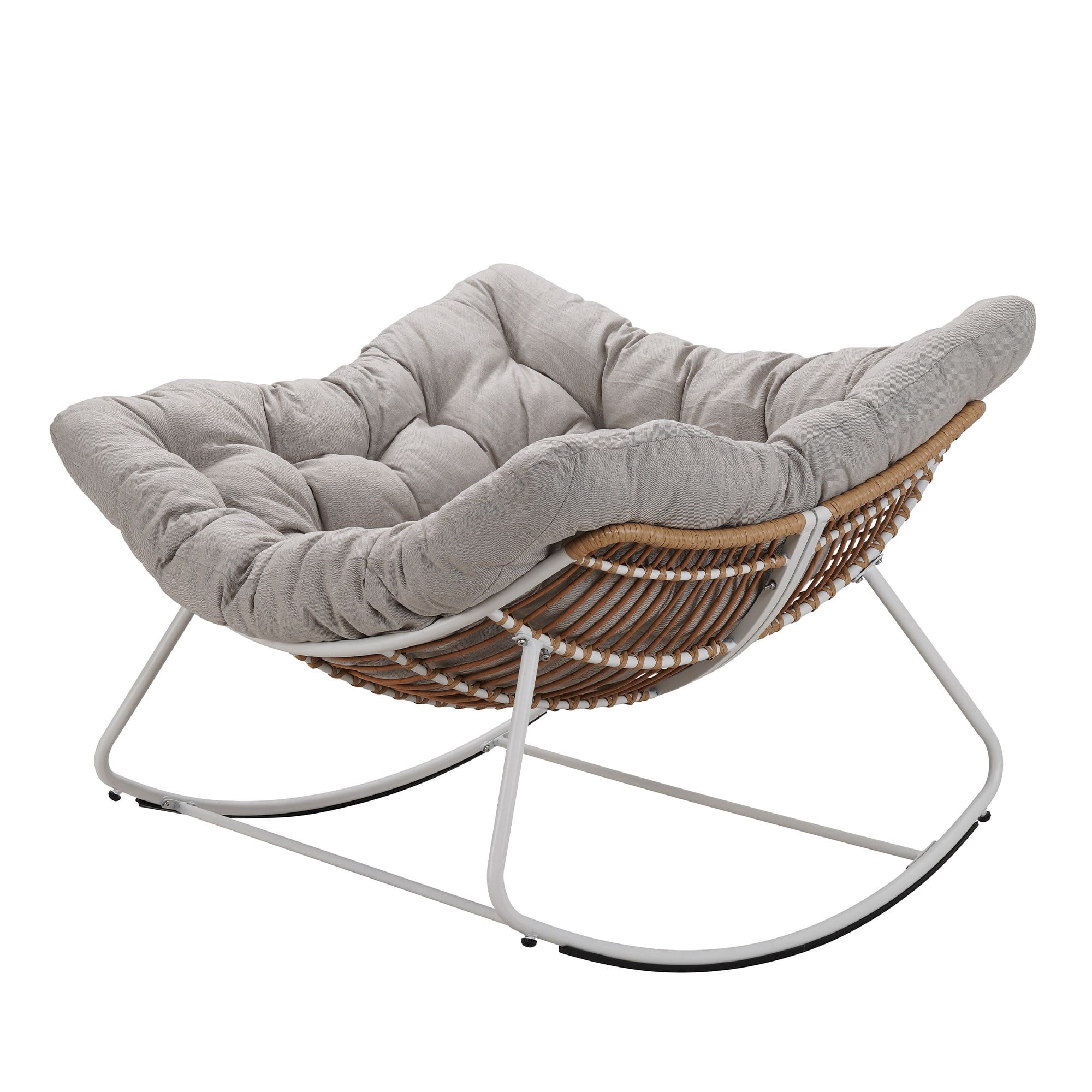 Outdoor Papasan Rocking Chair Oversized, Rattan Egg Rocker Chair with Padded Cushion, 400lbs Patio Wicker Rocking Chair for Living Room Porch Backyard, Light Gray