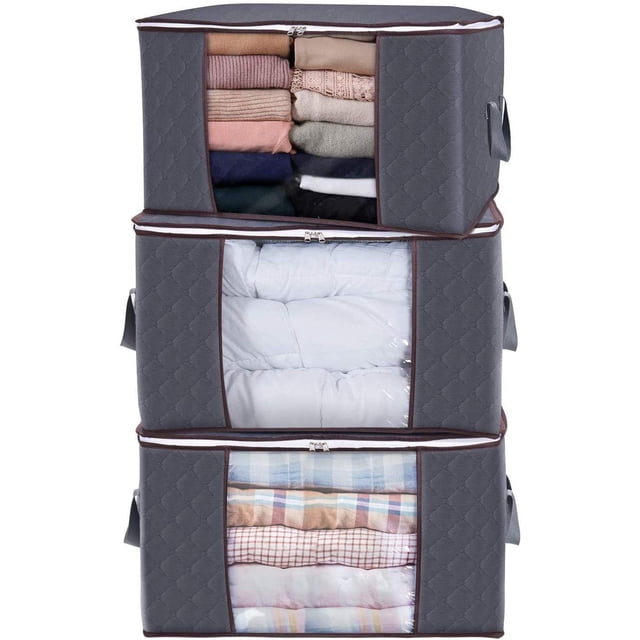 Bolsa organizadora de ropa de gran capacidad con asa reforzada, tela gruesa para edredones, mantas, ropa de cama, plegable con cremallera resistente, ventana transparente, paquete de 3, 90 l, gris