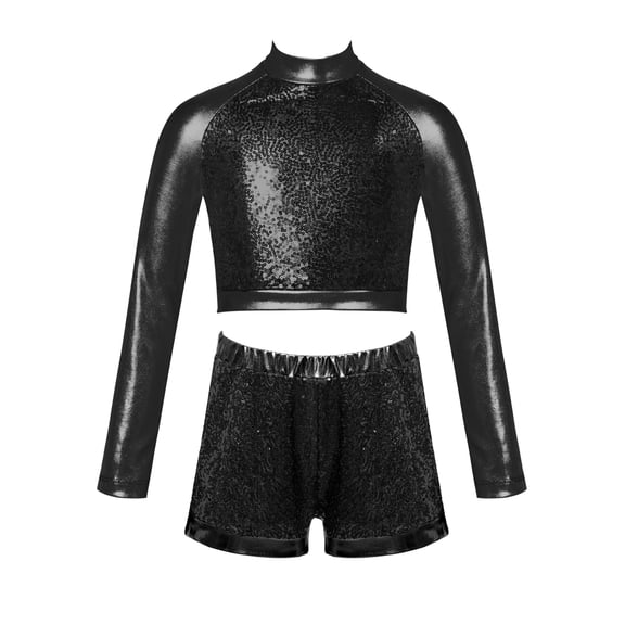 Alvivi Kids Girls 2 Piece Hip-Hop Dance Outfit Long Sleeve Metallic Crop Top with Shorts Streetdance Gym Dancewear Black 6