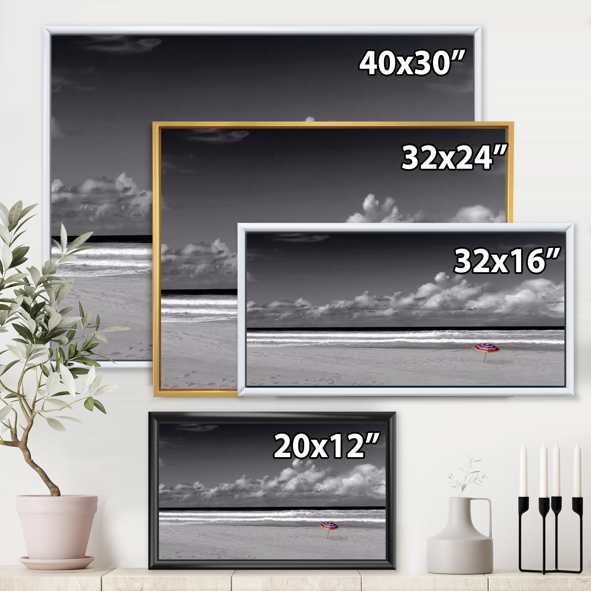 Designart 'Black and White Coastline Under Cloudy Sky' Lake House Framed Canvas Wall Art Print