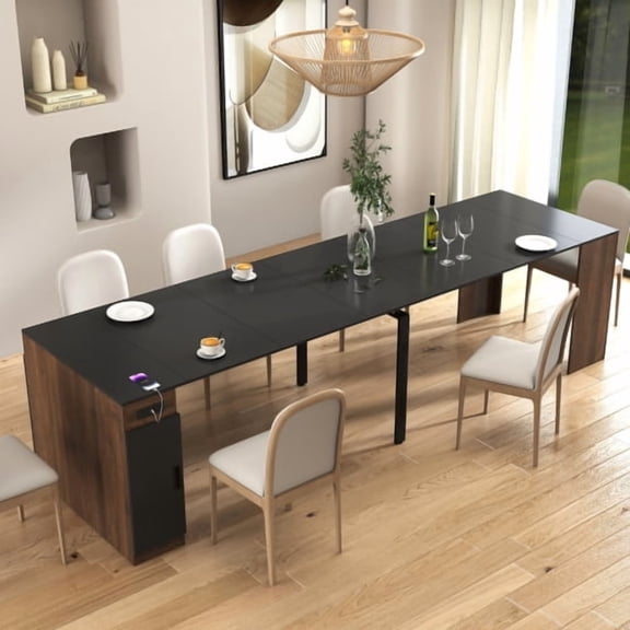 Modern Extendable Dining Table with Outlet, Expandable Space Saving Table with Built-in Storage for Parties, Meetings, Weddings, Walnut