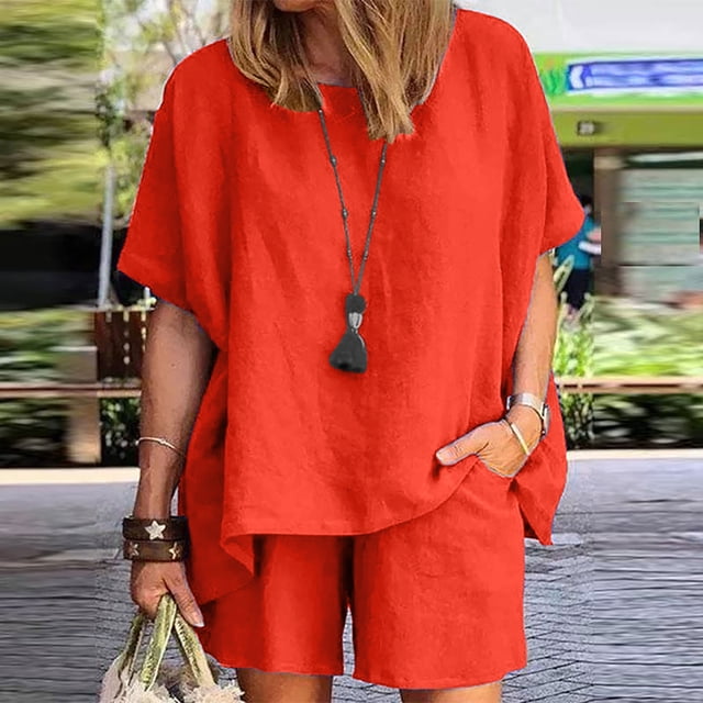 Jsaierl Ensembles en Lin pour Femmes 2 Pcs Décontracté Été Col Rond Manches Courtes Hauts et Shorts Ensemble Deux Pièces