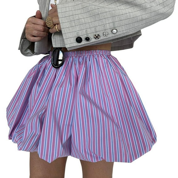 Gdvsclr Women'S Striped Elastic Waist Bubble Skirt Flared A Line Mini Puffy Skirts Pink M