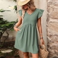 thumbnail image 4 of Dvprdro V Neck Short Flared Sleeve Ruffle Hem Loose A Line Mini Dress for Women Summer Beach Casual Solid, 4 of 7