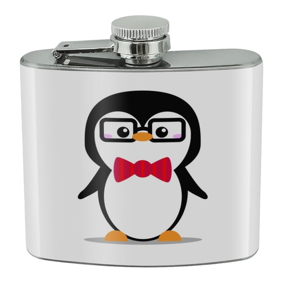 Cartoon Penguin with Bow Tie and Glasses Stainless Steel 5oz Hip Drink Kidney Flask