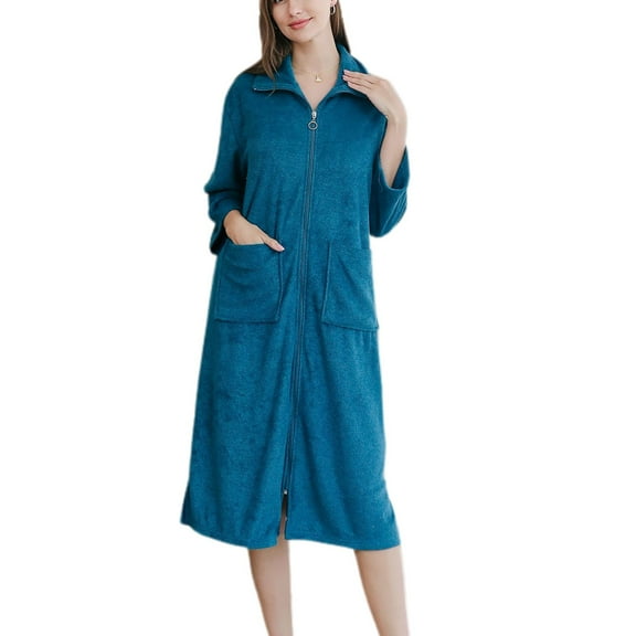 Defitshape Women's Long Sleeve Robe Soft Zip UP House Coat SPA Bath Knee Length Full Zipper Terry Cloth Duster Robe Sleepwear Dark Green Small