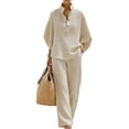 thumbnail image 6 of Breezora Women's Summer Casual Knit 2 Piece Outfit Batwing Sleeve Stand Collar Blouse Wide Leg Pants Loose Fit Set, 6 of 7