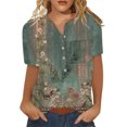 thumbnail image 2 of ICHUANYI Clearance Women Summer Casual Short Sleeve T-Shirt Button Round Neck Pullover Blouse Tops(Army Green, L) ICHUANYI WER2023080801451, 2 of 6