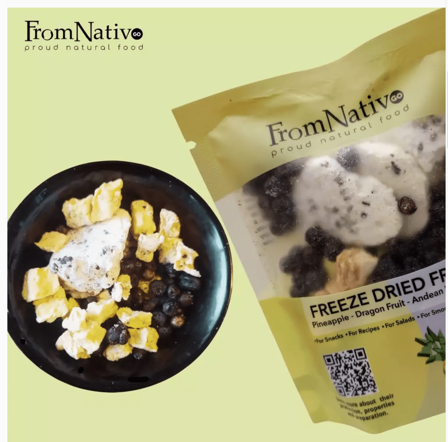 FromNativoGo | Freeze Dried Fruit Snack: Pineapple, DragonFruit, Andean Blueberry | 3Pack | 3.05OzE