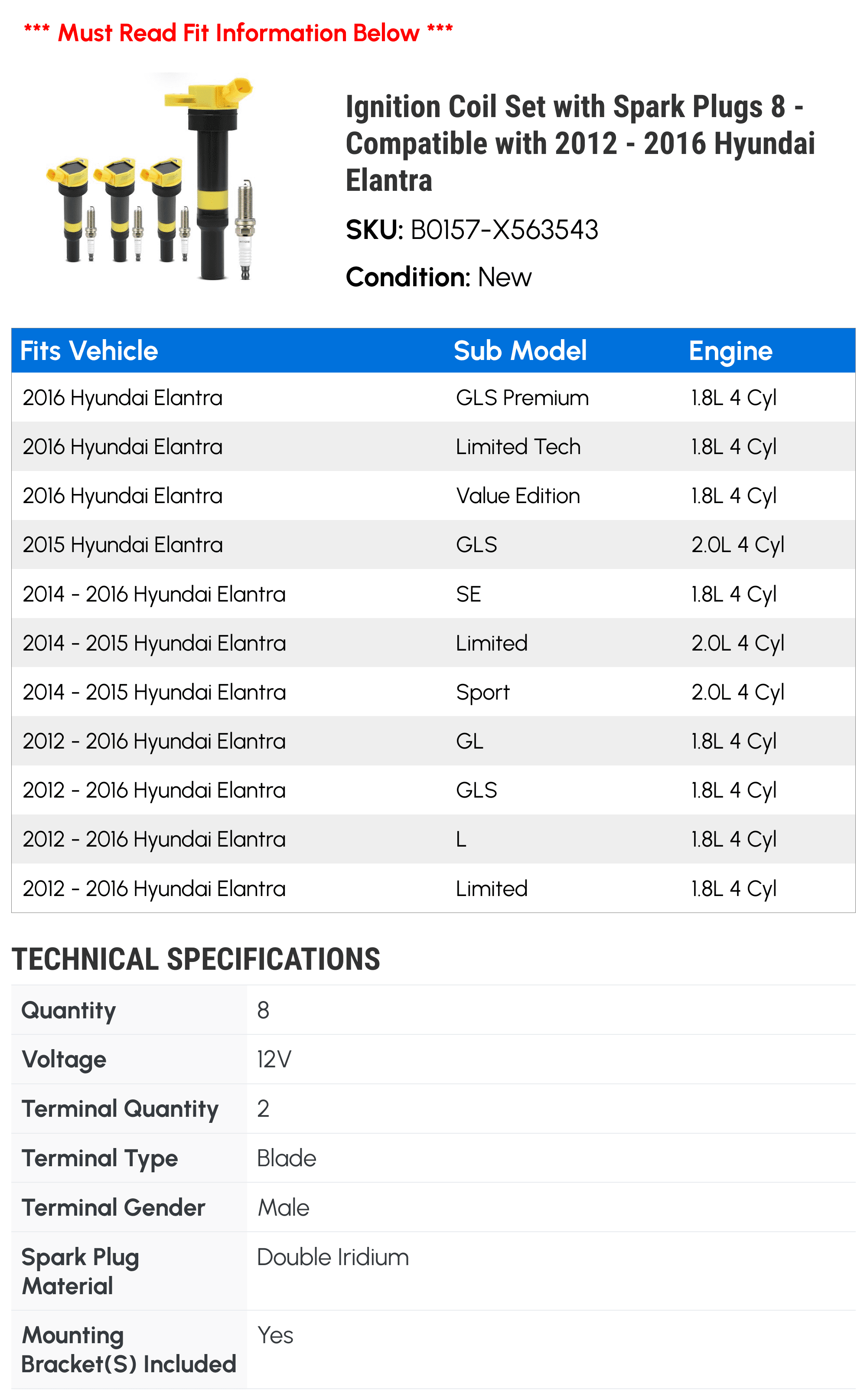 Ignition Coil Set with Spark Plugs 8 - Compatible with 2012 - 2016 Hyundai Elantra - Autopart Premium