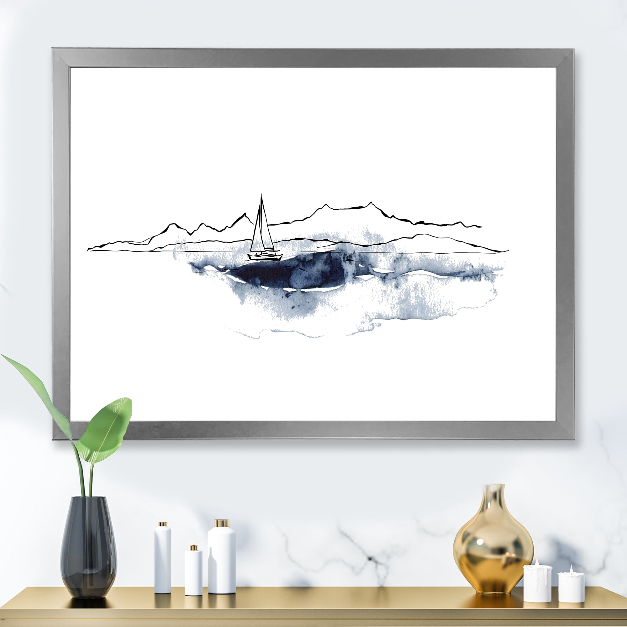 Designart 'Minimalistic Seascape With Boat and Black Mountains' Nautical & Coastal Framed Art Print