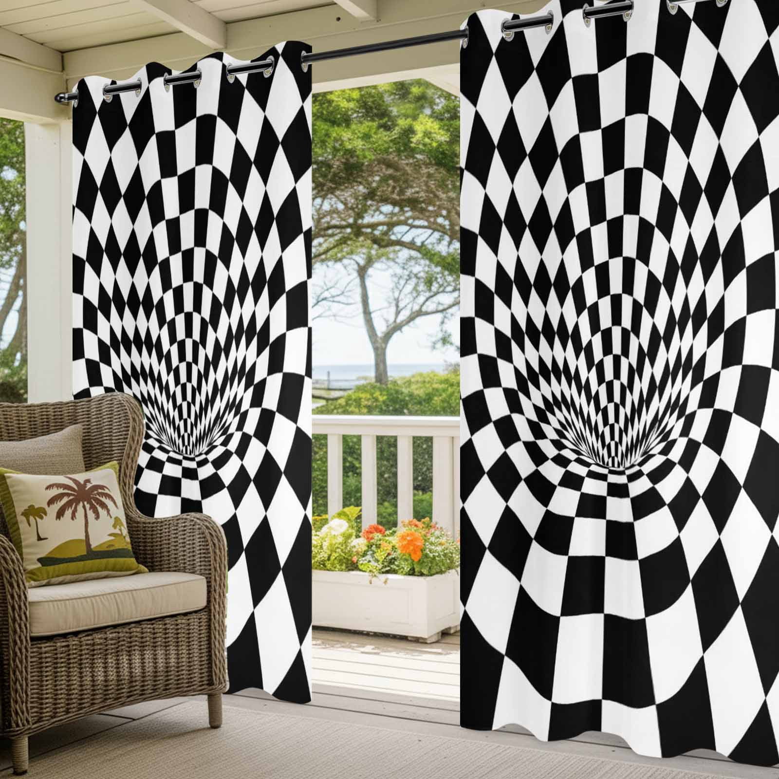 Black White Checker Outdoor Curtains for Patio, Modern Abstract Checkered Tunnel Mosaic Cubes Sunshade Privacy Drapes Grommet Waterproof Outside Curtains for Porch/Cabana/Balcony 54"x 108", 1 Panel