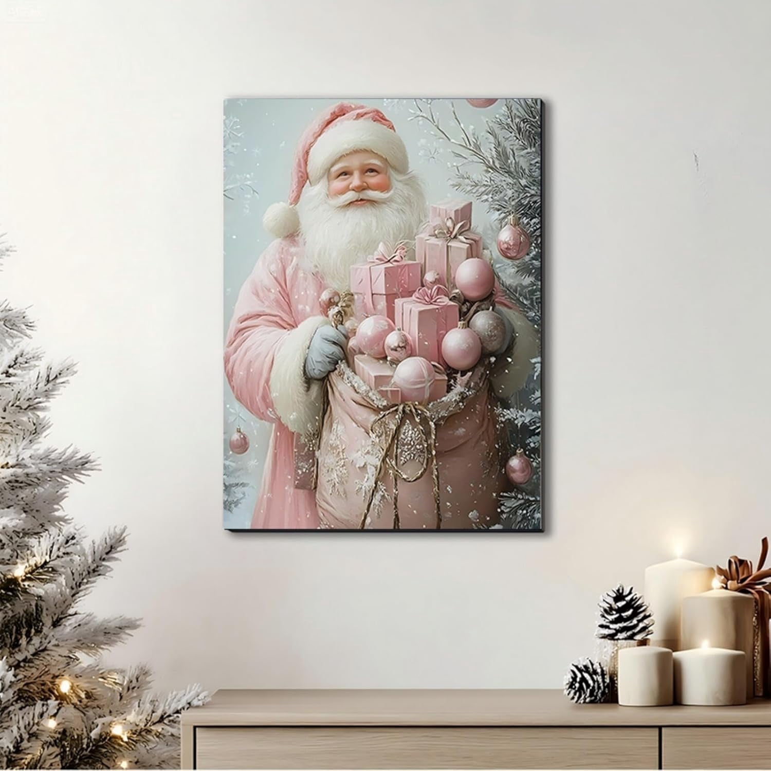 Pink Christmas Canvas Wall Art, Santa Elegant Pictures for Girls Bedroom And Festive Party Wall Decorations, Christmas Gift for Womens, Framed Painting Ready to Hang