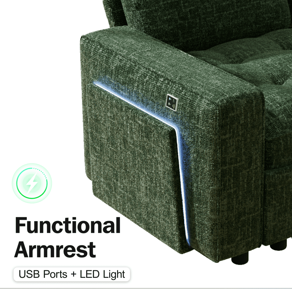 7-Seat Modular Sectional Sofa with Pull-Out Bed, Reclining Backrest, USB Ports, Table, LED Lights & Storage Seats – Tool-Free Assembly, Comfortable Living Room Furniture Green