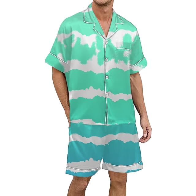 Men's Gradient Printed Satin Short Sleeve Button Up Pajama Loungewear Set for Comfortable Sleep and Relaxation at Home