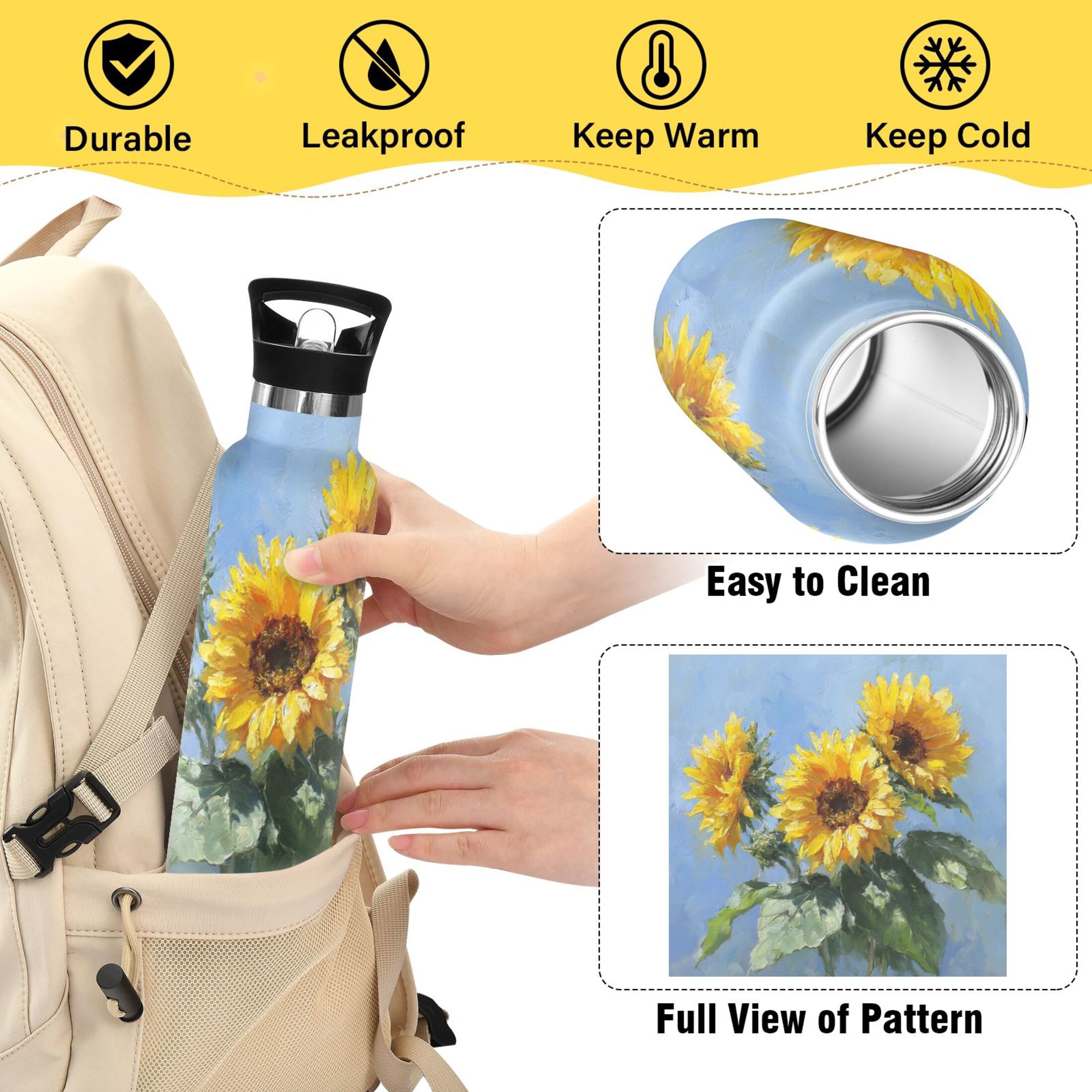 Kids Insulated Stainless Steel Sports Water Bottle 600ml (20oz) Sunflowers Painting