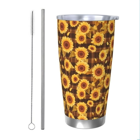 

KLL Vintage Brown Plaid Sunflower Print 40oz Stainless Steel Insulated Car Cup with Spillproof Lid - Keep Your Drink Hot or Cold on the Go-Straw Two-piece Set
