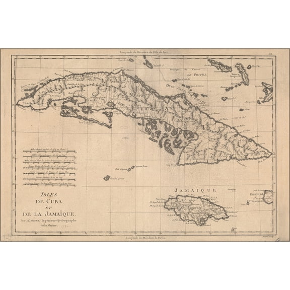 24"x36" Gallery Poster, map of Isles de Cuba et de la Jamaica 1788