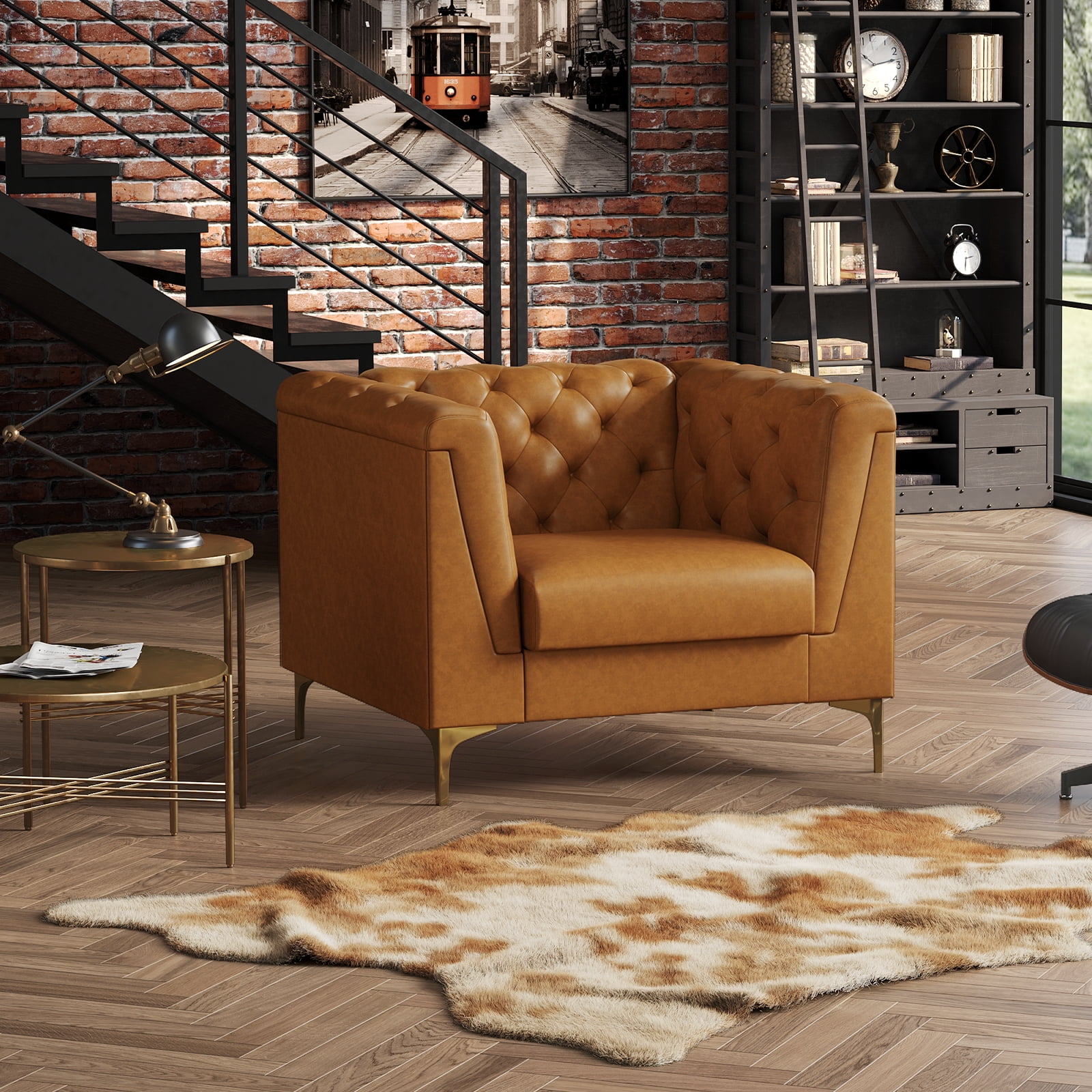 BLAZANT 40” Chesterfield Single Sofa, Upholstered Faux Leather Accent Chair, High Resilience Single Vintage Tufted Couch with Deep Seats & Metal Legs, Mid Century Modern for Living Room