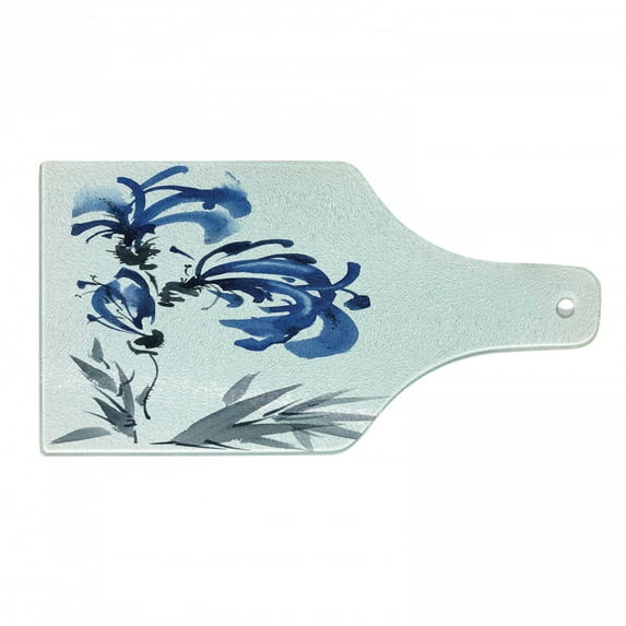Oriental Cutting Board, Watercolors Eastern Floral Motif Brushstroke Effect Hand Drawn Work of Art Image, Tempered Glass Cutting and Serving Board, Wine Bottle Shape, Blue Grey, by Ambesonne