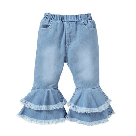 

KIMI BEAR 2T Toddler Baby Girl Denim Pants 3T Toddler Girls Flared Denim Pants Tassel Jeans Fall Winter Blue