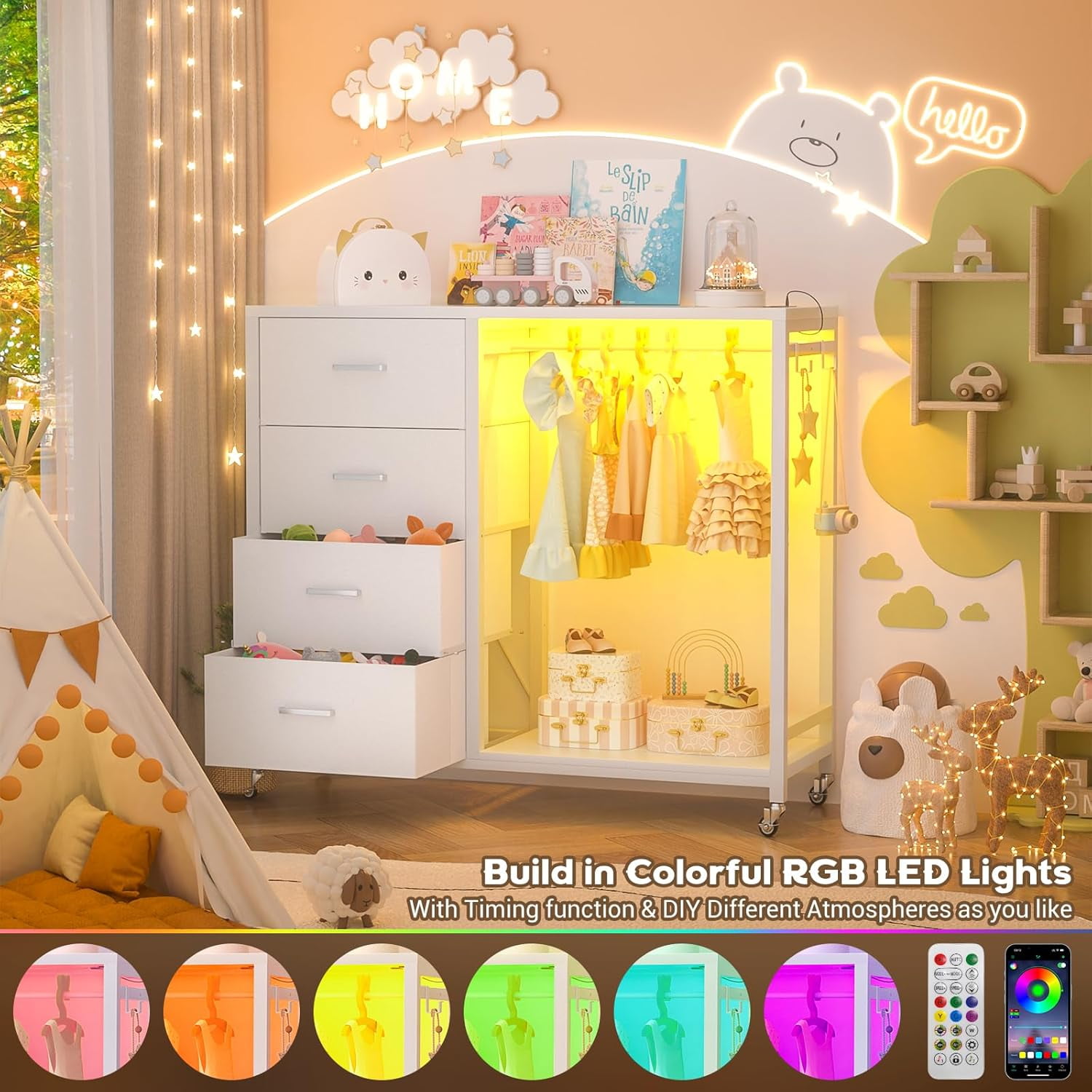 Homieasy Dresser with Hanging Rack & 4 Drawers, Dresser with Clothes Rack for Bedroom with LED Lights, Charging Staion, Storage Chest with Wheels, White