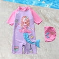 thumbnail image 2 of ZXLBBD Girls' Swimwear Baby Short Sleeve Cartoon Printed Rash Guard with Swim Cap for Toddler Kids Stretchy Summer Beachwear, 2 of 4
