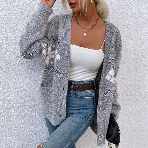 IROINNID Women's Comfy Mid-Length Graphic Prints Cardigan Open Front Long Sleeve Outwear, Gray