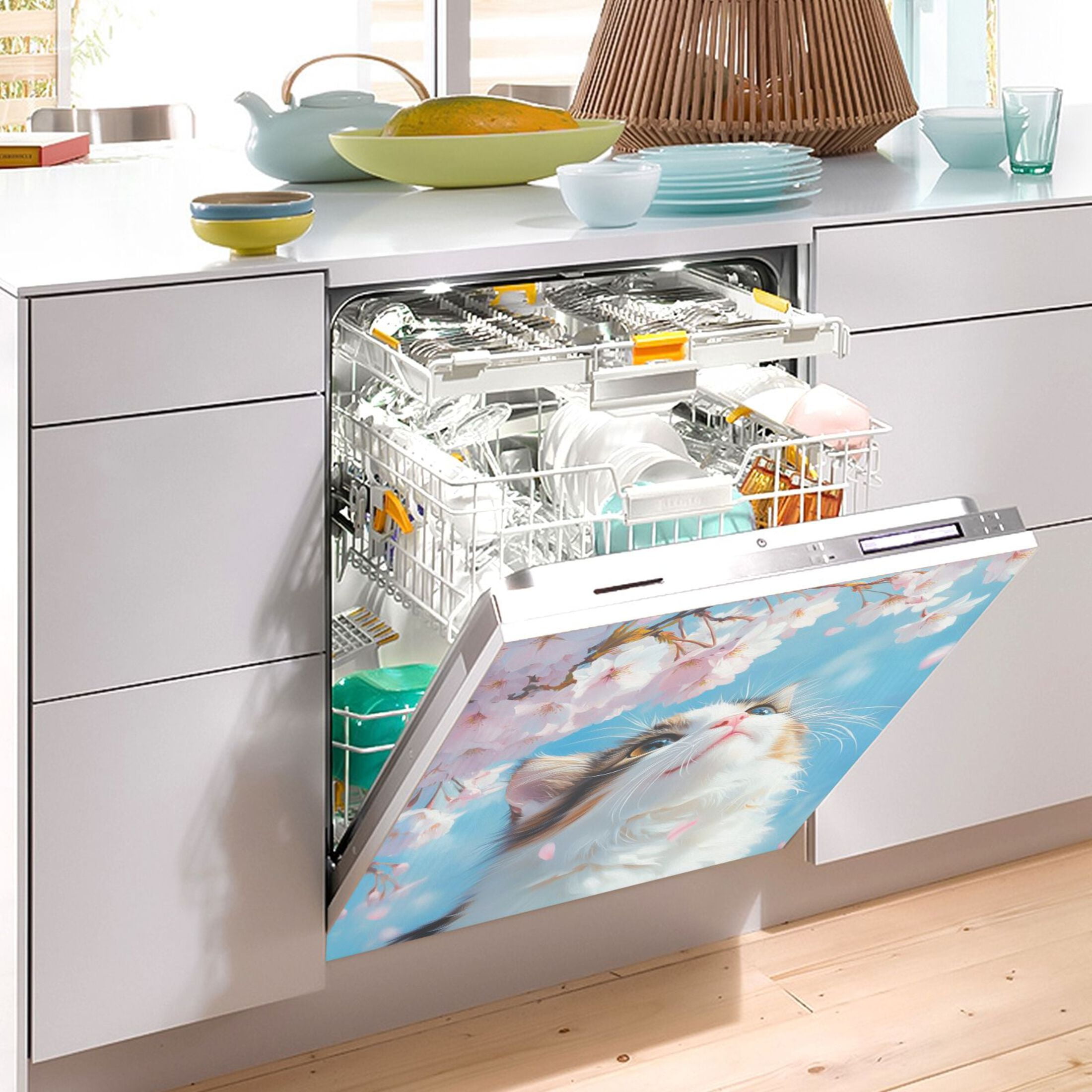 Dishwasher Magnetic Sticker 23x26 Inch Refrigerator Magnetic Sticker Washing Machine Magnetic Sticker Kitchen Panel Magnetic Sticker Home Decor Cherry Blossom White Cat