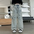 thumbnail image 6 of KAUOD Girls Cargo Y2k Jeans Wide Leg Side Detail Cool Streetwear High Elastic Waist Straight Baggy Stretchy Denim Pants, 6 of 9